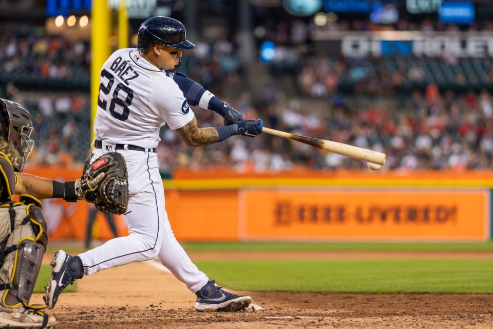 Tigers shortstop Javier Baez hits a single during the sixth inning against the Padres on Tuesday, July 26, 2022, at Comerica Park.