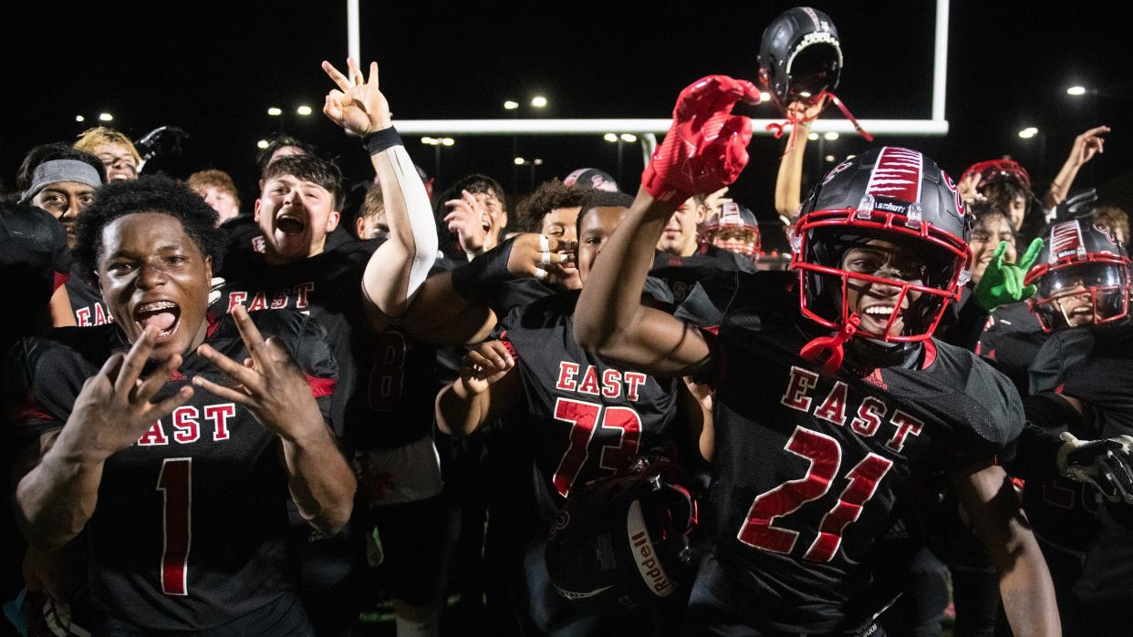 Members of the Cherry Hill East football team celebrate after Cherry Hill East defeated Triton, 31-7, at Cherry Hill East High School on Friday, September 13, 2024. Cherry Hill East improved to 3-0.