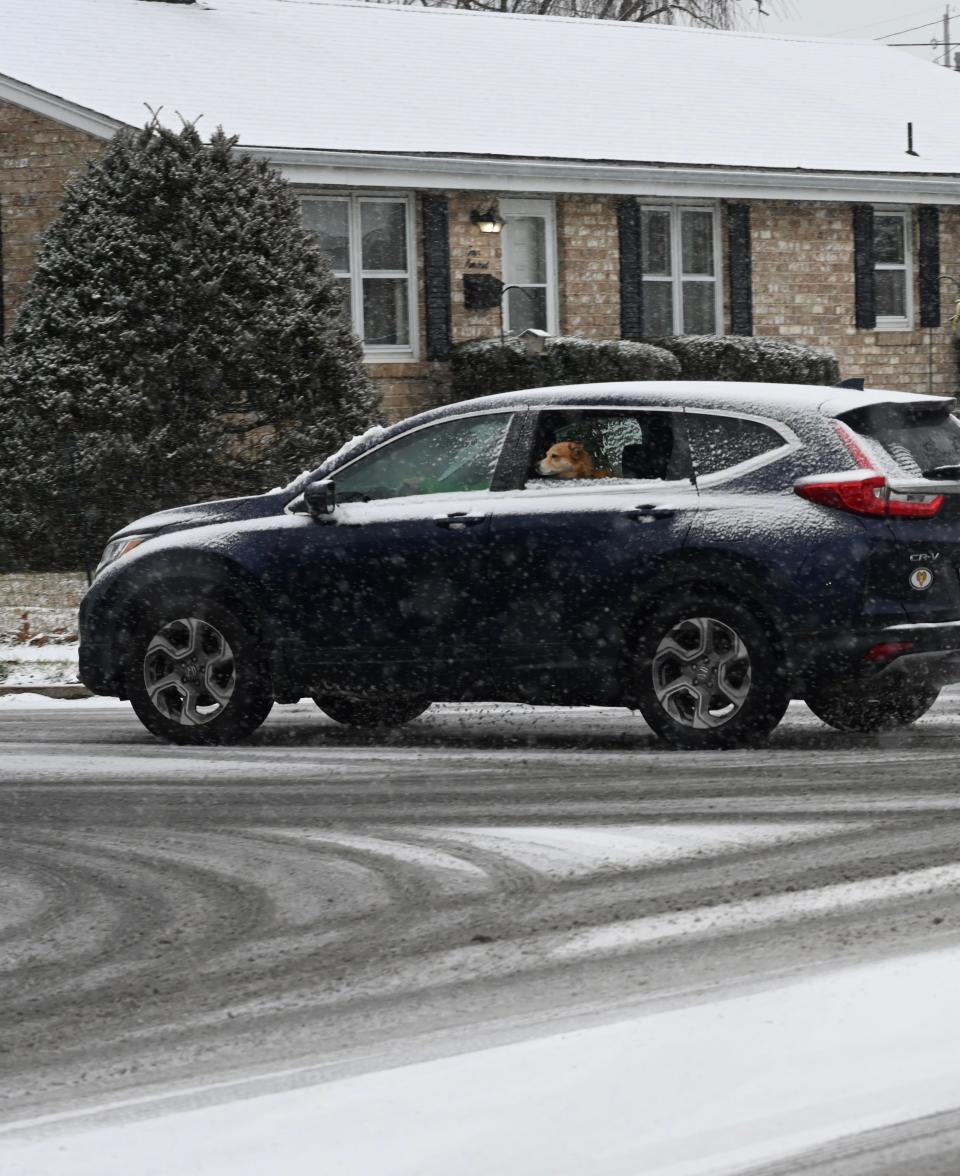 Snow falls in Hanover, Pennsylvania on January 6, 2024.