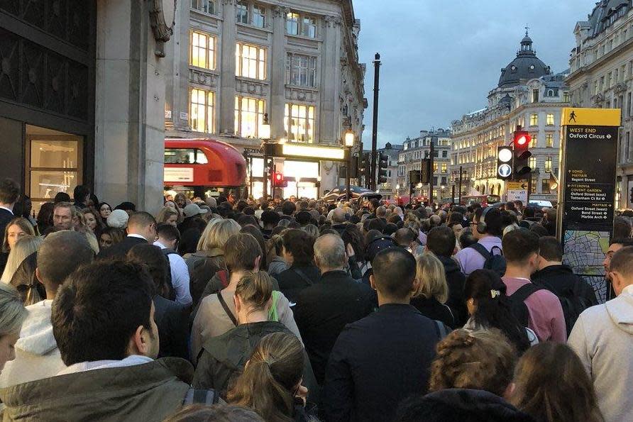 Commuters queue up just to get into Oxford Circus station amid severe delays on four Tube lines: @MathildeECB