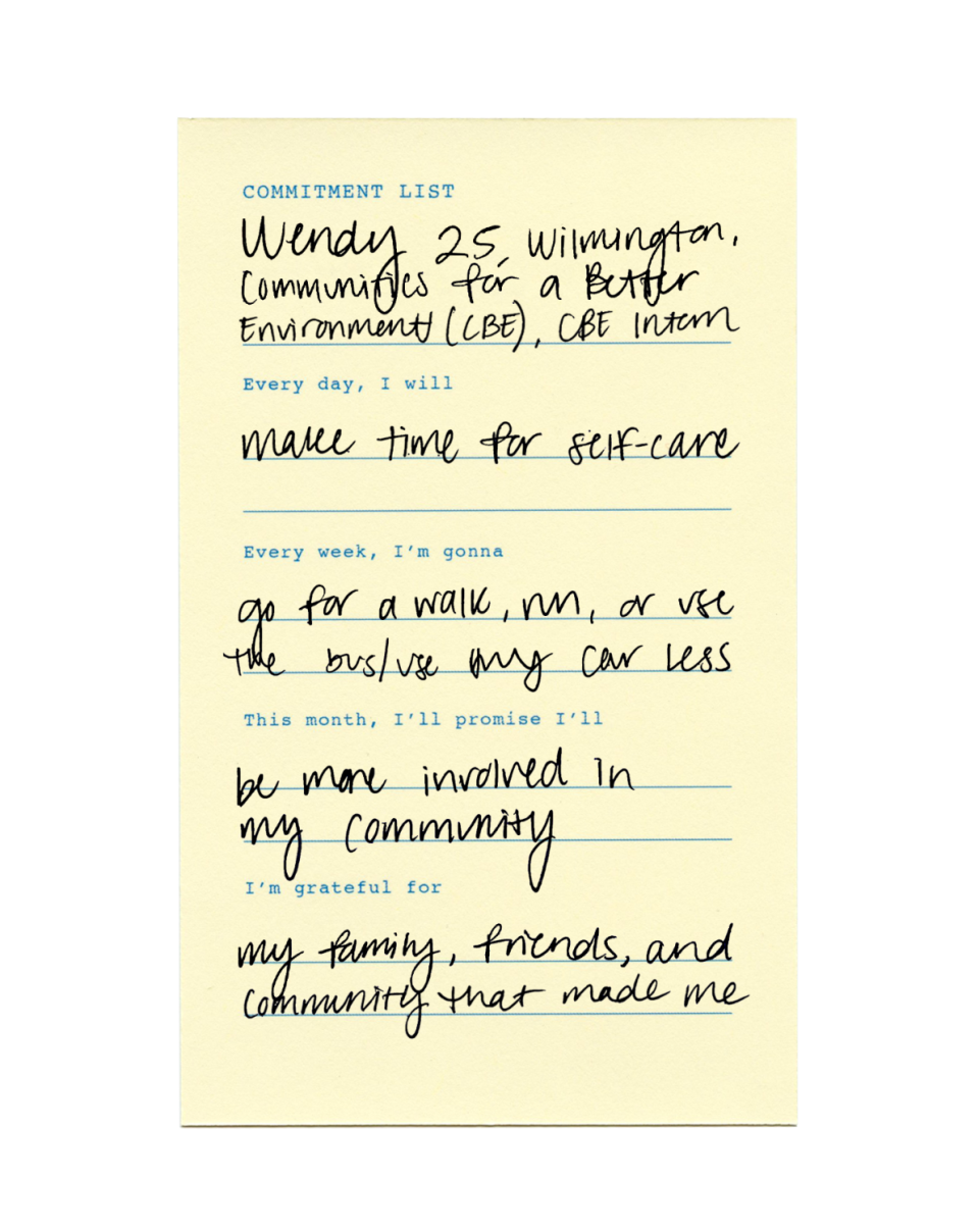 Wendy Miranda's commitment list in her own handwriting says she will make more time for self-care.