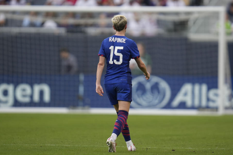 United States forward Megan Rapinoe leaves the field after the first half of a soccer game against South Africa Sunday, Sept. 24, 2023, in Chicago. (AP Photo/Erin Hooley)