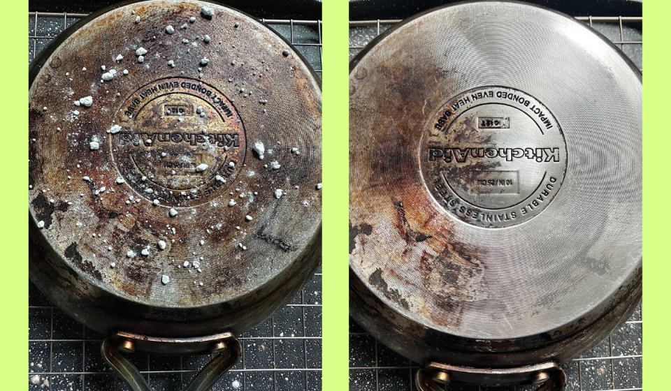 bar keepers friend sprinkled onto the dirty pan / the pan looking shiny and clean on the side that was scrubbed