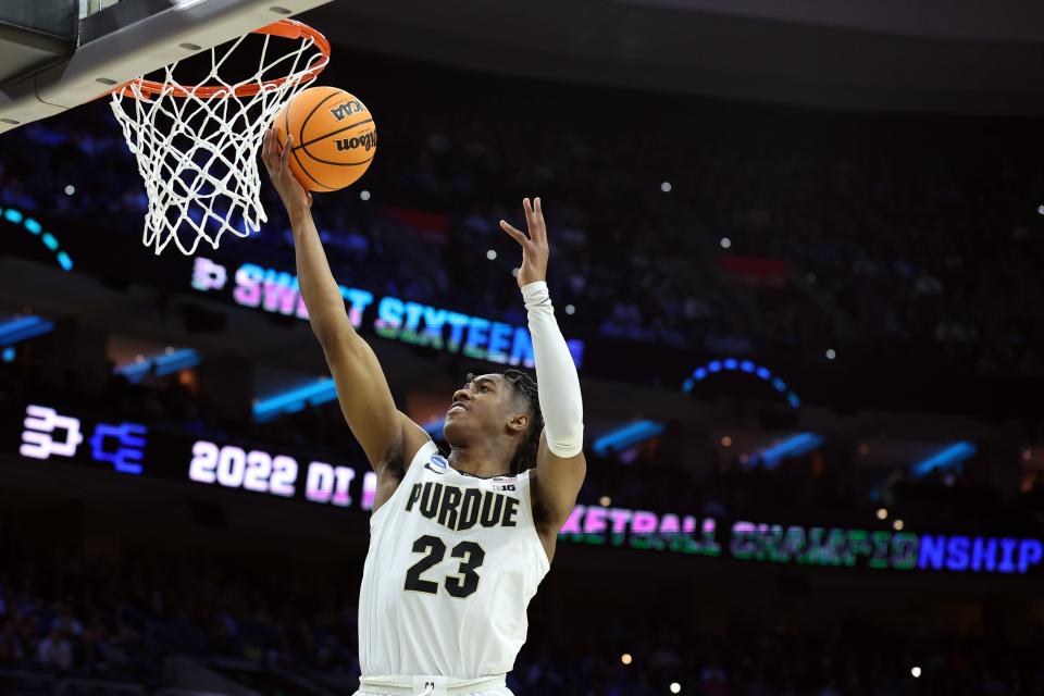 Mar 25, 2022; Philadelphia, PA, USA; Purdue Boilermakers guard Jaden Ivey (23) shoots against the St. Peter's Peacocks in the first half in the semifinals of the East regional of the men's college basketball NCAA Tournament at Wells Fargo Center. Mandatory Credit: Bill Streicher-USA TODAY Sports