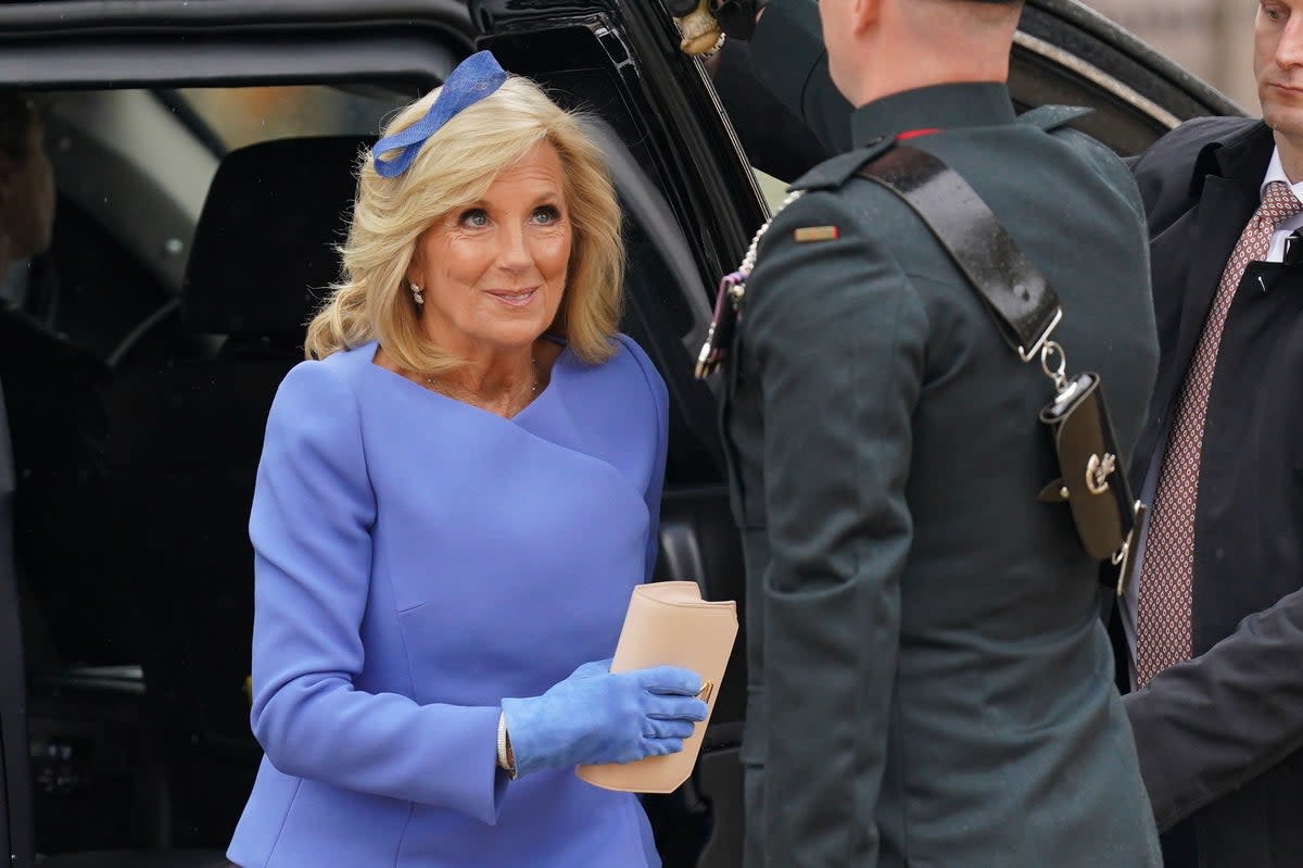 First Lady of the United States, Dr Jill Biden arriving ahead of the coronation ceremony of King Charles III and Queen Camilla at Westminster Abbey, central London (PA)