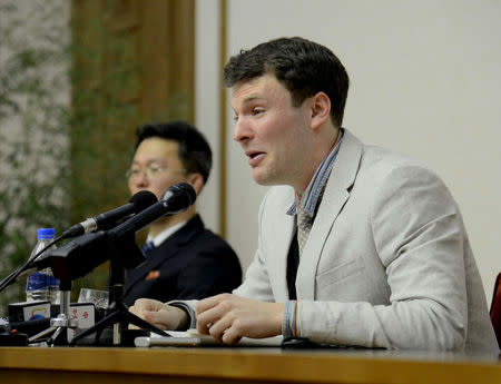 FILE PHOTO: U.S. student Otto Warmbier speaks at a news conference in this undated photo released by North Korea's Korean Central News Agency (KCNA) in Pyongyang February 29, 2016. REUTERS/KCNA/File Photo