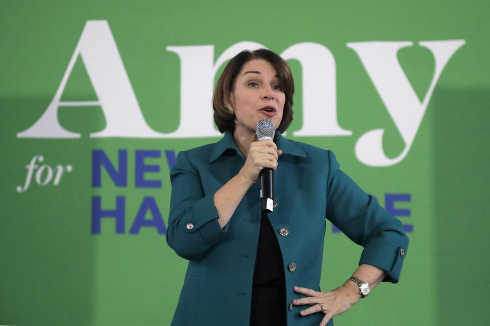 Democratic presidential candidate Sen. Amy Klobuchar, D-Minn., speaks at a campaign event Tuesday, Feb. 4, 2020, in Portsmouth, N.H. (AP Photo/Elise Amendola)