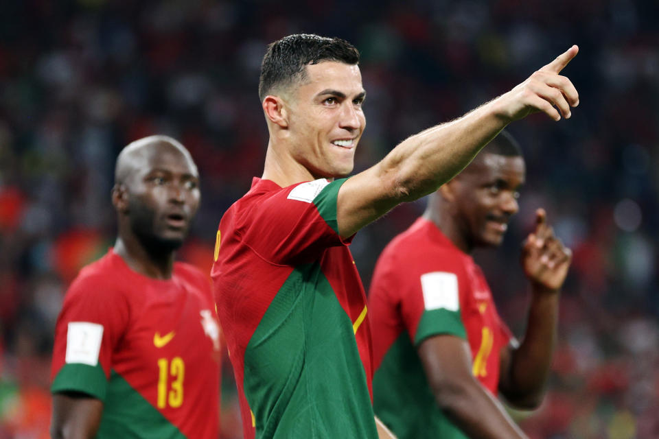 DOHA, QATAR - NOVEMBER 24: Cristiano Ronaldo of Portugal celebrates after scoring their team's first goal via a penalty during the FIFA World Cup Qatar 2022 Group H match between Portugal and Ghana at Stadium 974 on November 24, 2022 in Doha, Qatar. (Photo by Sarah Stier - FIFA/FIFA via Getty Images)