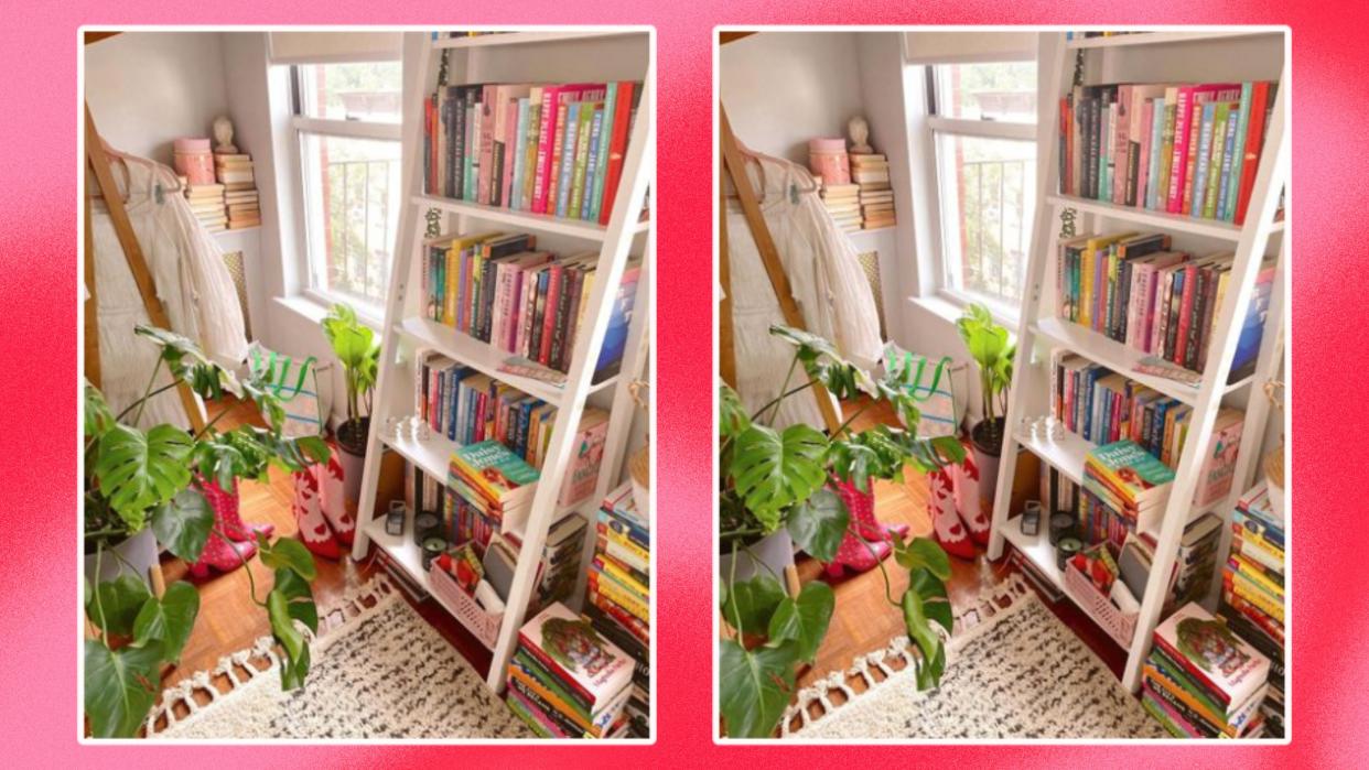  White leaning bookhelf image on colorful background. 