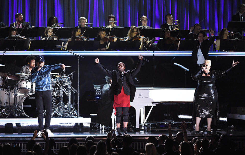 Chance the Rapper, Kirk Franklin, and Tamela Mann perform onstage during The 59th Grammy Awards