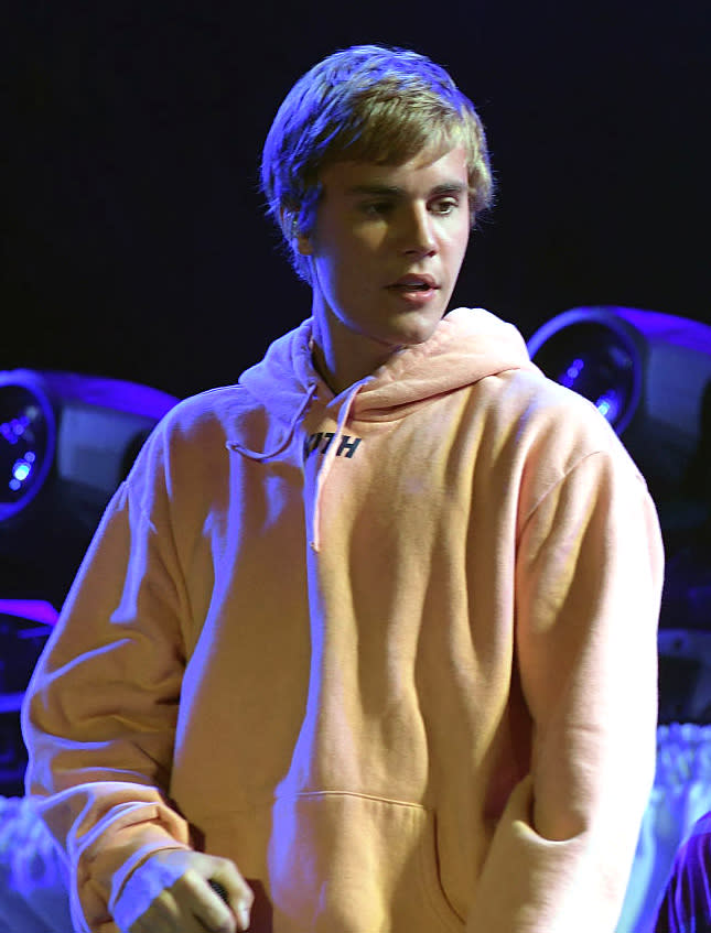 Justin Bieber skipped the Grammys to hang in a hoodie. (Photo: Gustavo Caballero/Getty Images)