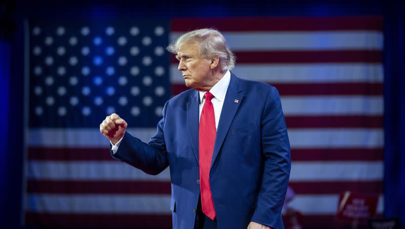 Former President Donald Trump pumps his fist as he departs after speaking at the Conservative Political Action Conference, CPAC 2023, Saturday, March 4, 2023, at National Harbor in Oxon Hill, Md. On May 31, 2023, CNN reported that the DOJ has obtained a recording of the former president discussing the classified documents he had held onto after he had left the White House 