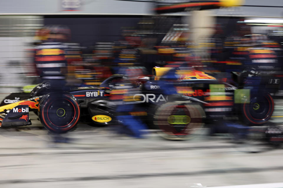 Red Bull driver Max Verstappen of the Netherlands steers his car during the Formula One Bahrain Grand Prix at the Bahrain International Circuit in Sakhir, Bahrain, Saturday, March 2, 2024. (Ali Haider, Pool Photo via AP)