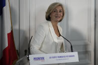 Valerie Pecresse smiles after a press conference at her campaign headquarters Thursday, Dec. 2, 2021 in Paris. Valerie Pecresse, a moderate conservative, will go into a runoff as the favorite to represent the conservative Les Republicains' candidate in the French presidential election in April. Valerie Pecresse will face Eric Ciotti, a right-winger in the party. (AP Photo/Christophe Ena)