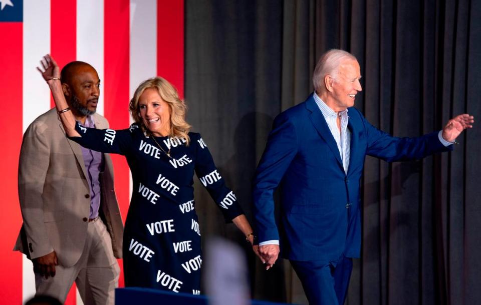 First Lady Jill Biden and President Joe Biden take the stage during a campaign event at the Jim Graham building at the North Carolina State Fairgrounds in Raleigh on Friday June 28, 2024. Biden debated former President Trump in Atlanta Georgia the previous night.