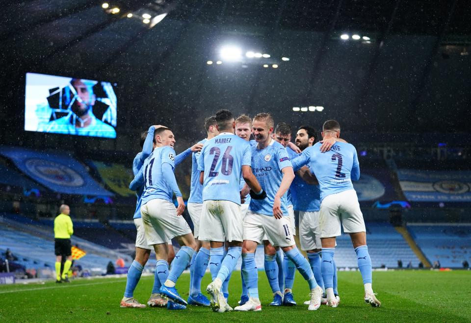 Manchester City celebrate Riyad Mahrez’s second goal (Getty)