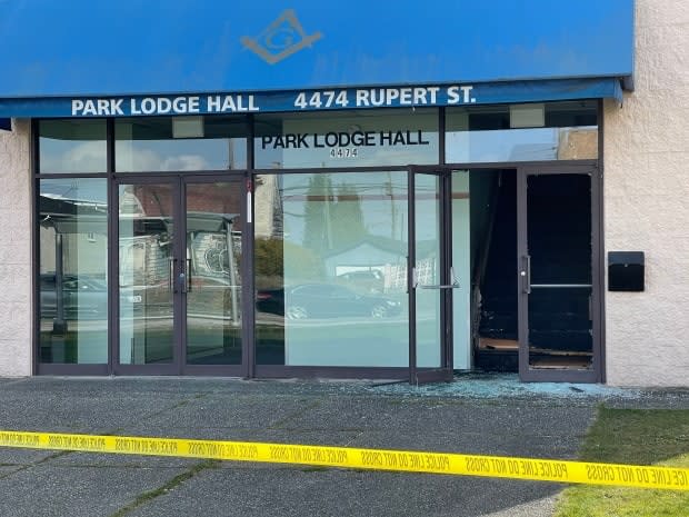 The entrance to the Park Lodge Masonic Hall near Rupert St. and 29th Ave. in Vancouver has been taped off. Police said they were investigating an arson.  