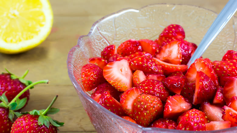 strawberries macerating in bowl