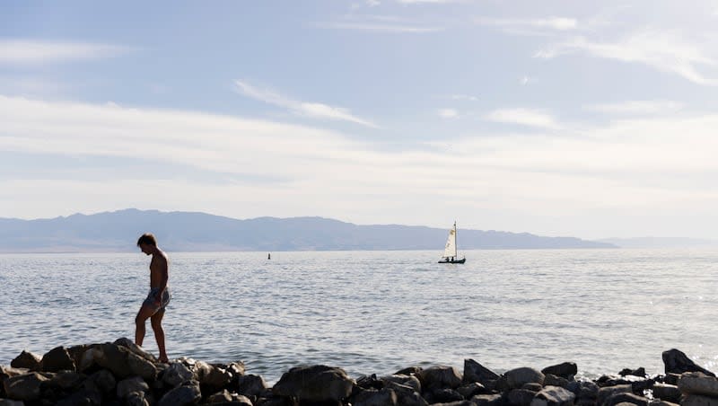 Water crashes onto rocks at the Great Salt Lake State Park in Magna on June 15. The lake has lost half a foot of water in the past few weeks and could lose another 2 feet in the coming months, experts say.