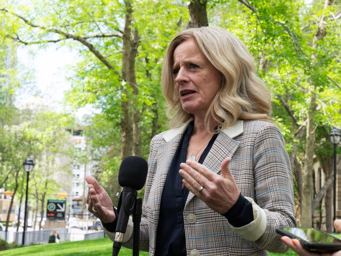 Alberta NDP leader Rachel Notley answers questions at a news conference during the provincial election in Calgary on Wednesday. (Todd Korol/The Canadian Press - image credit)