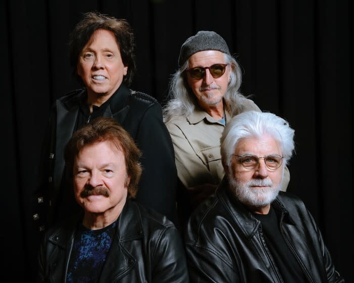 NORTH HOLLYWOOD, CA-APRIL 27, 2022: The rock band, The Doobie Brothers, clockwise from top left-John McFee, Patrick Simmons, Michael McDonald and Tom Johnston are photographed at Third Encore, a rehearsal studio in North Hollywood. The band is heading out soon on their reunion tour. (Mel Melcon / Los Angeles Times)