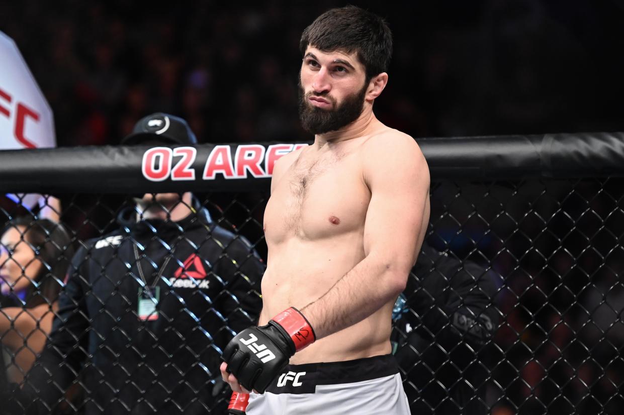 Feb 23, 2019; Prague, Czech Republic; Magomed Ankalaev (red gloves) defeats Klidson Abreu (blue gloves) during UFC Fight Night at 02 Arena. Mandatory Credit: Per Haljestam-USA TODAY Sports