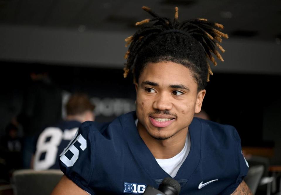 Penn State cornerback Elliot Washington II talks with reporters on Tuesday, Feb. 13, 2024.