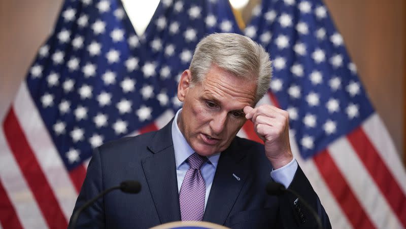 Rep. Kevin McCarthy, R-Calif., speaks to reporters hours after he was ousted as House speaker on Tuesday, Oct. 3, 2023, at the Capitol in Washington.