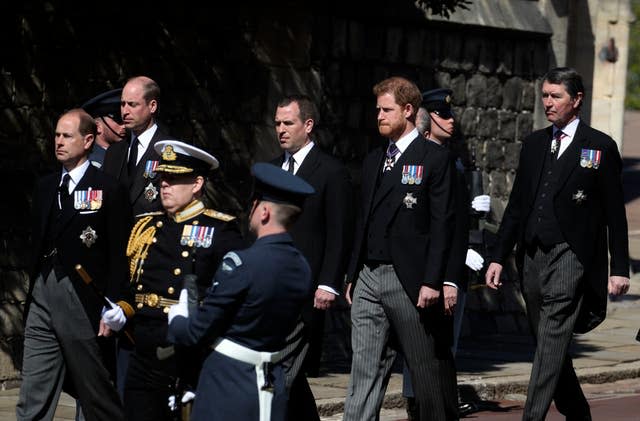 The Earl of Wessex, the then Duke of Cambridge, Peter Phillips, the Duke of Sussex, walking in the procession to St George’s Chapel, Windsor Castle, Berkshire, for the funeral of the Duke of Edinburgh. (Steve Parsons/PA)