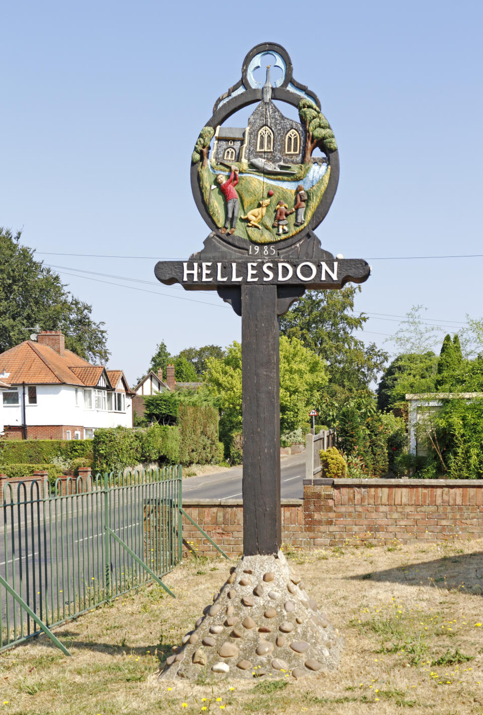 A view of the village sign by the roadside at Hellesdon, Norwich, Norfolk, England, United Kingdom. (Photo by: Avalon/Universal Images Group via Getty Images)