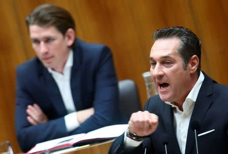 File photo of Head of the Freedom Party (FPOe) Heinz-Christian Strache delivering a speech in front of Austria's Foreign and Integration Minister Sebastian Kurz during a session of the parliament in Vienna February 25, 2015. REUTERS/Heinz-Peter Bader/Files