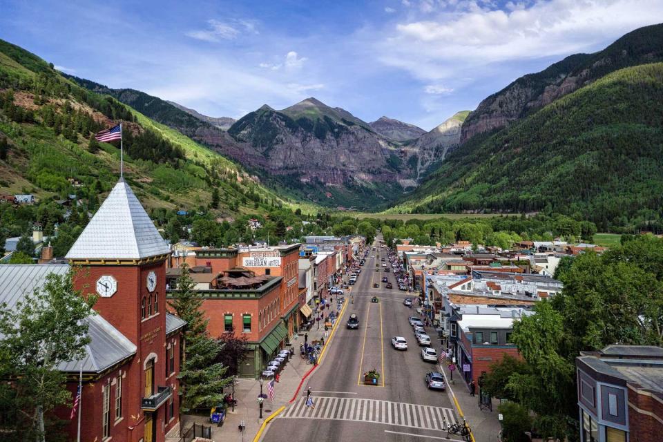 View of town and mountains in Telluride, Colorado during summer