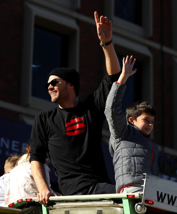 Tom Brady celebrates with his son Jack on Cambridge Street during the New England Patriots Victory Parade on Feb. 5, 2019, in Boston<p><a href="https://www.gettyimages.com/detail/1127611090" rel="nofollow noopener" target="_blank" data-ylk="slk:Maddie Meyer/Getty Images;elm:context_link;itc:0;sec:content-canvas" class="link ">Maddie Meyer/Getty Images</a></p>