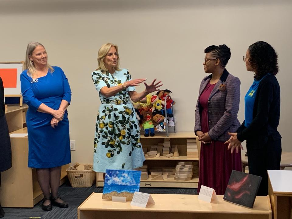 First lady Jill Biden speaks with teacher apprentices at DAY ONE Early Learning Community Center in Poughkeepsie Friday, Oct. 6, 2023.