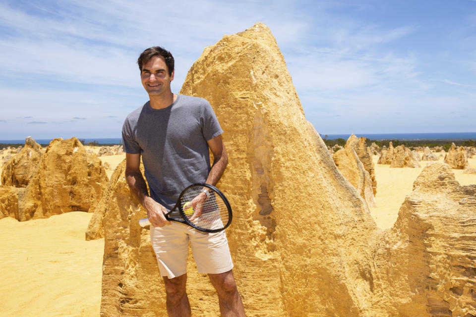 Swiss tennis player Roger Federer poses for a photograph during a media event at the Pinnacles in Nambung National Park, Western Australia Thursday, Dec. 27, 2018. Federer is scheduled to play in the Hopman Cup in Perth from this Saturday, Dec. 29. (Richard Wainwright/AAP Image via AP)