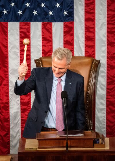 WASHINGTON, DC - JANUARY 07: Rep. Kevin McCarthy (R-CA) is elected Speaker of the House of Representatives in the House Chamber of the U.S. Capitol Building on Saturday, Jan. 7, 2023 in Washington, DC. After multiple failed attempts to elect a Speaker of the House - the first time in 100 years that the Speaker was not elected on the first ballot- the Republican members of the 118th Congress successfully elected McCarthy the morning following the second anniversary of the January 6 insurrection. (Kent Nishimura / Los Angeles Times)