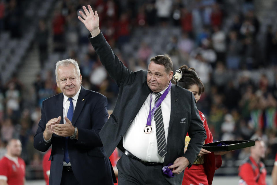 New Zealand coach Steve Hansen waves after the Rugby World Cup bronze final game at Tokyo Stadium between New Zealand and Wales in Tokyo, Japan, Friday, Nov. 1, 2019. (AP Photo/Aaron Favila )