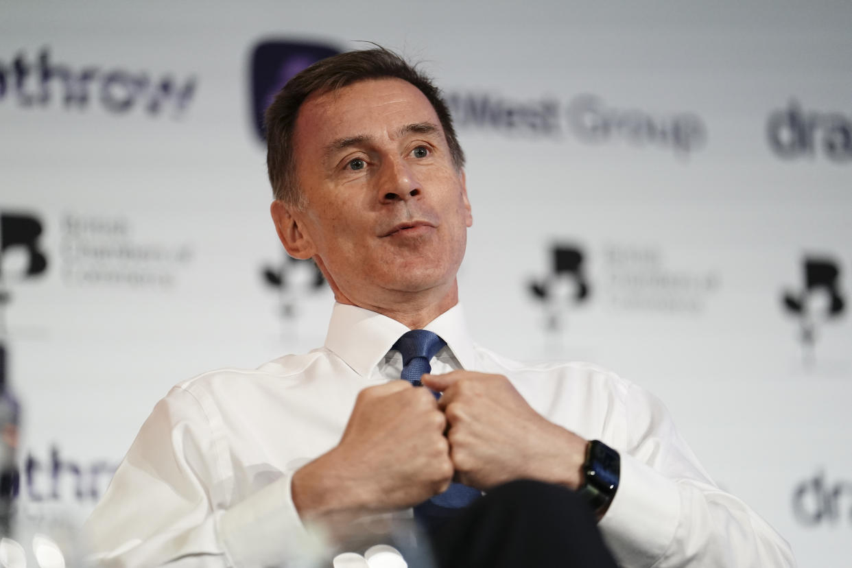 The Chancellor of the Exchequer Jeremy Hunt speaking during the British Chambers Commerce Annual Global conference, at the QEII Centre, London. Picture date: Wednesday May 17, 2023. (Photo by Jordan Pettitt/PA Images via Getty Images)