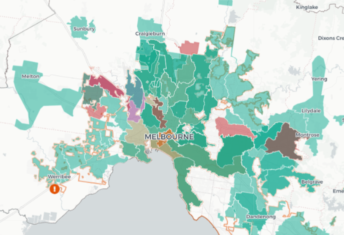 A map shows highlighted red areas in Melbourne where Covid-19 was detected in wastewater and the green shows areas where there were no detections. 