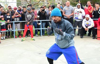Pacquiao shadow boxes during a workout in Los Angeles on April 21. (AFP)