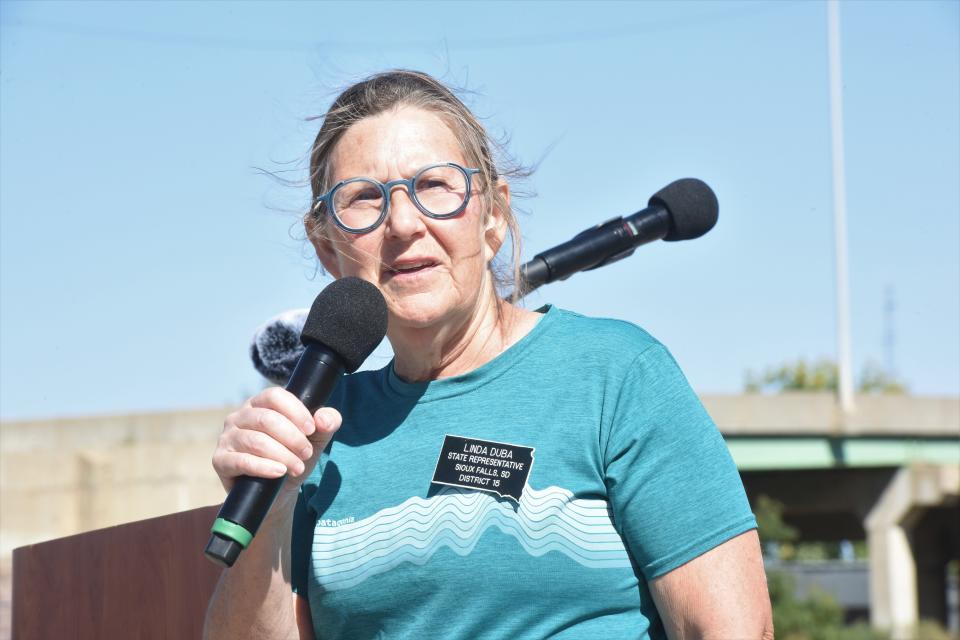 South Dakota Rep. Linda Duba, D-Sioux Falls, speaks about her 1976 abortion during a reproductive rights rally at Fawick Park in Sioux Falls on Sunday.