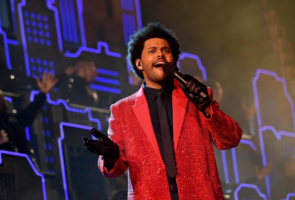 The Weeknd rehearses for the Super Bowl LV Halftime Show at Raymond James Stadium on February 04, 2021 in Tampa, Florida.