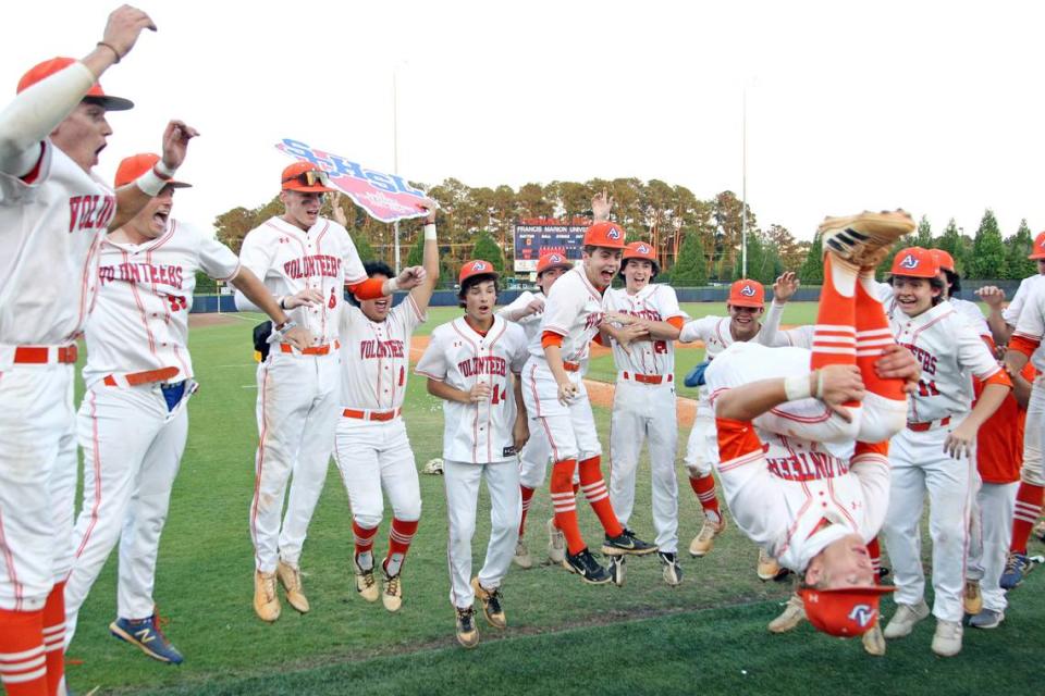 Andrew Jackson celebrates its series win over Gray Collegiate of the Class 2A baseball state championship. The third and final game was played Saturday, May 28, 2022 at Francis Marion University’s Cormell Field.