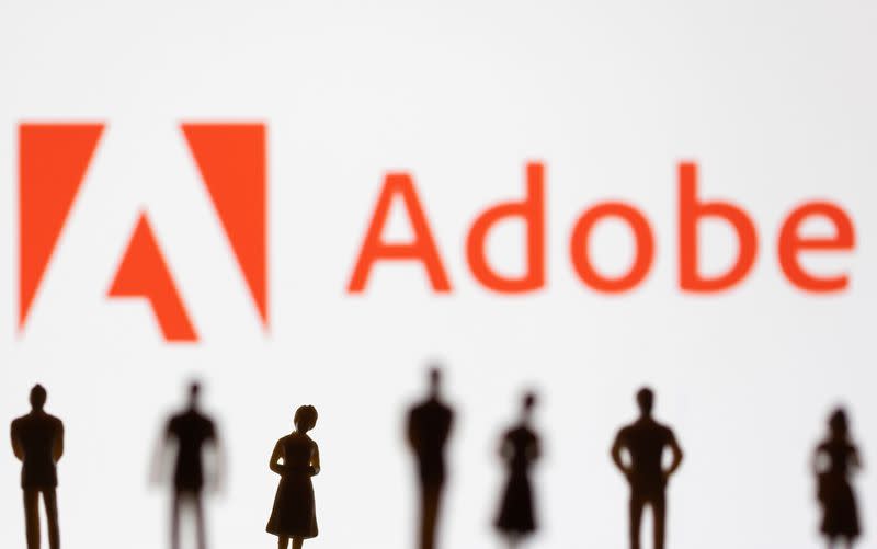 Illustration shows figurines in front of Adobe logo