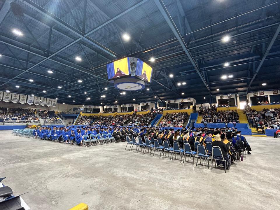 Students and faculty sitting together during the 2023 LSSU commencement ceremony at Taffy Abel Arena on May 6, 2023.