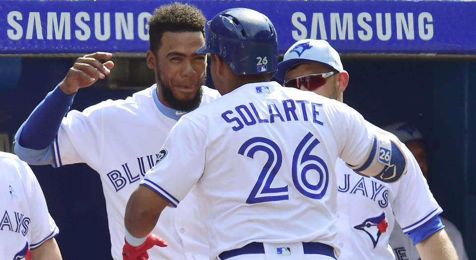 Yangervis Solarte and Teoscar Hernandez gave the Blue Jays quite the power boost against the Washington Nationals. (Frank Gunn/The Canadian Press via AP)