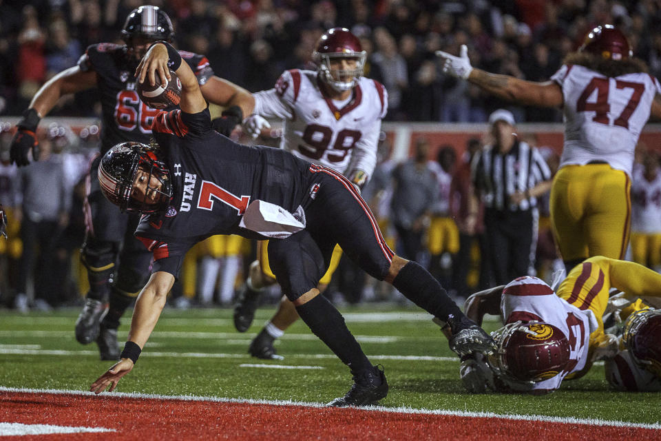 Utah quarterback Cameron Rising (7) scores a 2-point conversion against Southern California during an NCAA college football game Saturday, Oct. 15, 2022, in Salt Lake City. (Trent Nelson/The Salt Lake Tribune via AP)