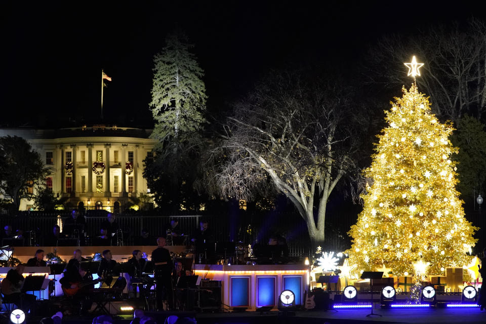 The National Christmas Tree, with the White House in the background, is illuminated.