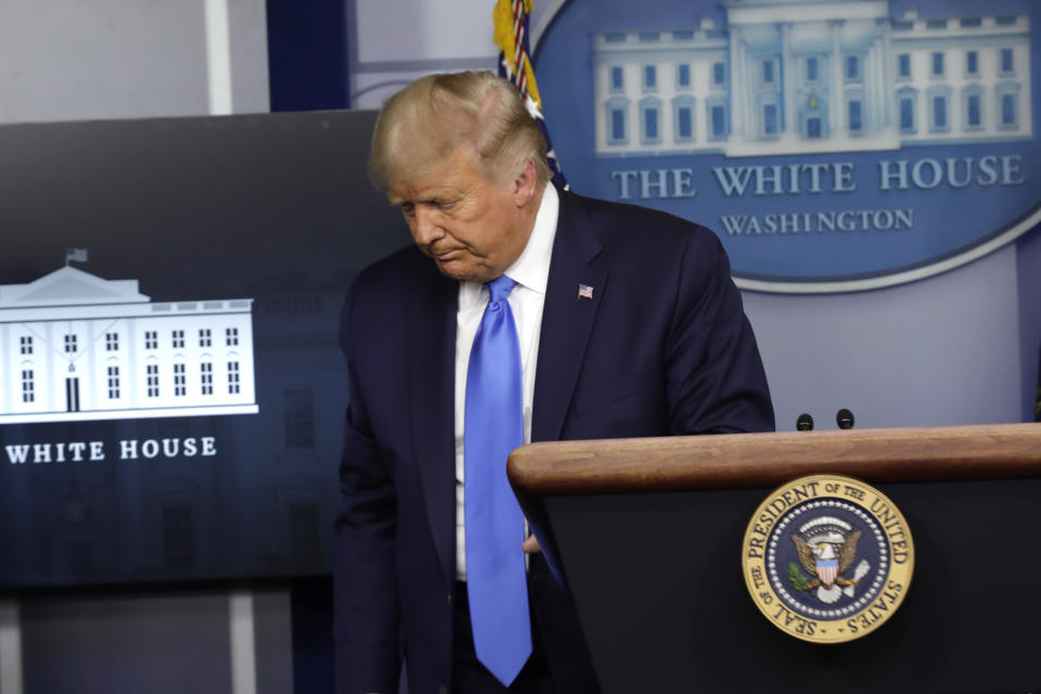 U.S. President Donald Trump departs a news conference in the James S. Brady Press Briefing Room at the White House in Washington, D.C., U.S., on Wednesday, Sept. 23, 2020. (Yuri Gripas/Abaca/Bloomberg via Getty Images) 