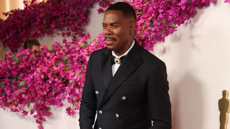 Best Actor nominee Colman Domingo wore a black Louis Vuitton double breasted suit with statement bowtie and jewelry by David Yurman. "I wanted to just shine like a diamond," he told Laverne Cox during E’s red carpet coverage. - David Swanson/AFP/Getty Images